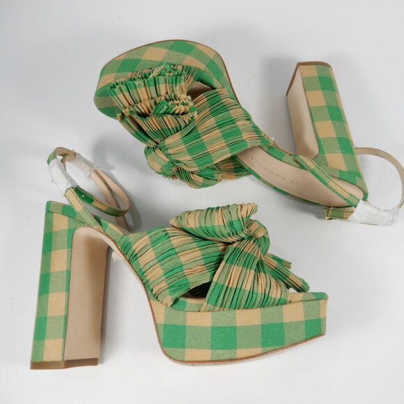 Loeffler Randall Natalia Bow Platform Heel SANDALS Size 5 Green Gingham NEW $450 - Picture 14 of 16